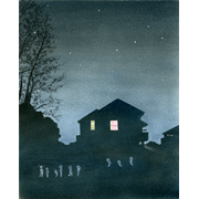 深夜の集会《手描きイラスト・色鉛筆》（18.5cm×23.5cm)以前、夜に見た近所の住宅のシルエットと灯りが良いなぁと思い、ずっと絵にしたいと思っていました。ふと思いついてやっと絵にしました。何やら得体の知れないモノがウロウロしていることにしようと思って、でも幽霊ではイマイチだしと思っていて、いろいろ下書きしていたらこんな奴らが出てきました。